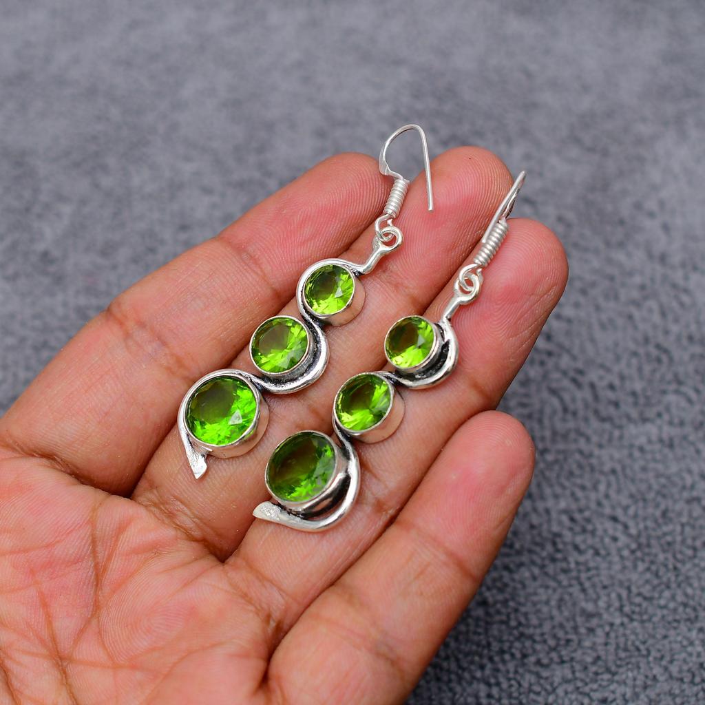 Peridot Gemstone : 925 Sterling Silver Handmade Long Earring's Jewelry