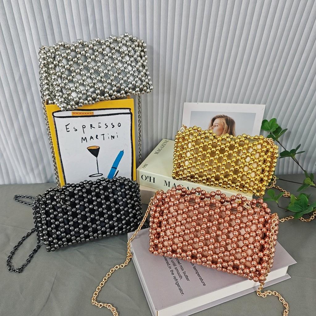 Acrylic Beaded Handwoven Clutch Bag With Zipper Closure For Daily Fashion