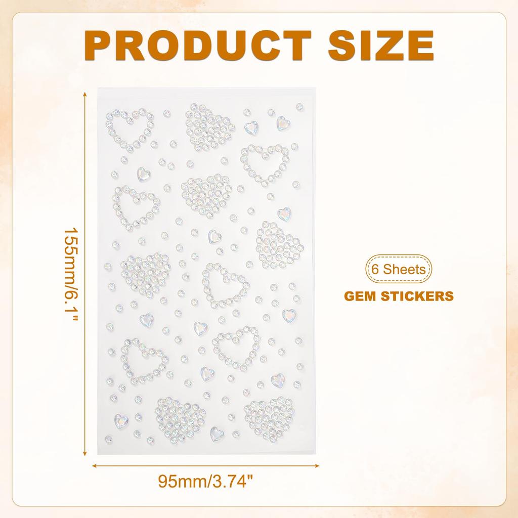 PATIKIL 6 Sheets Heart Face Gem Self-Adhesive Hair Gem Stickers Face Stickers for Women Eye Hair Body Festival Makeup Rave Accessories AB Colors