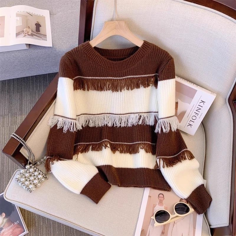Lazy Wind Tassel Sweater Women's Striped Knitted Base Shirt with Loose and Thick Top