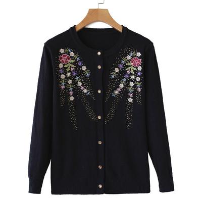 Women's Round Neck Embroidered Knit Cardigan Spring Autumn Rhinestone Loose-Fit Cardigan Sweater