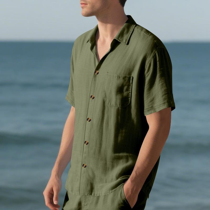 Summer Men's Lapel Shirt Woven Solid Color Simple Loose Casual Short-sleeved Shirt