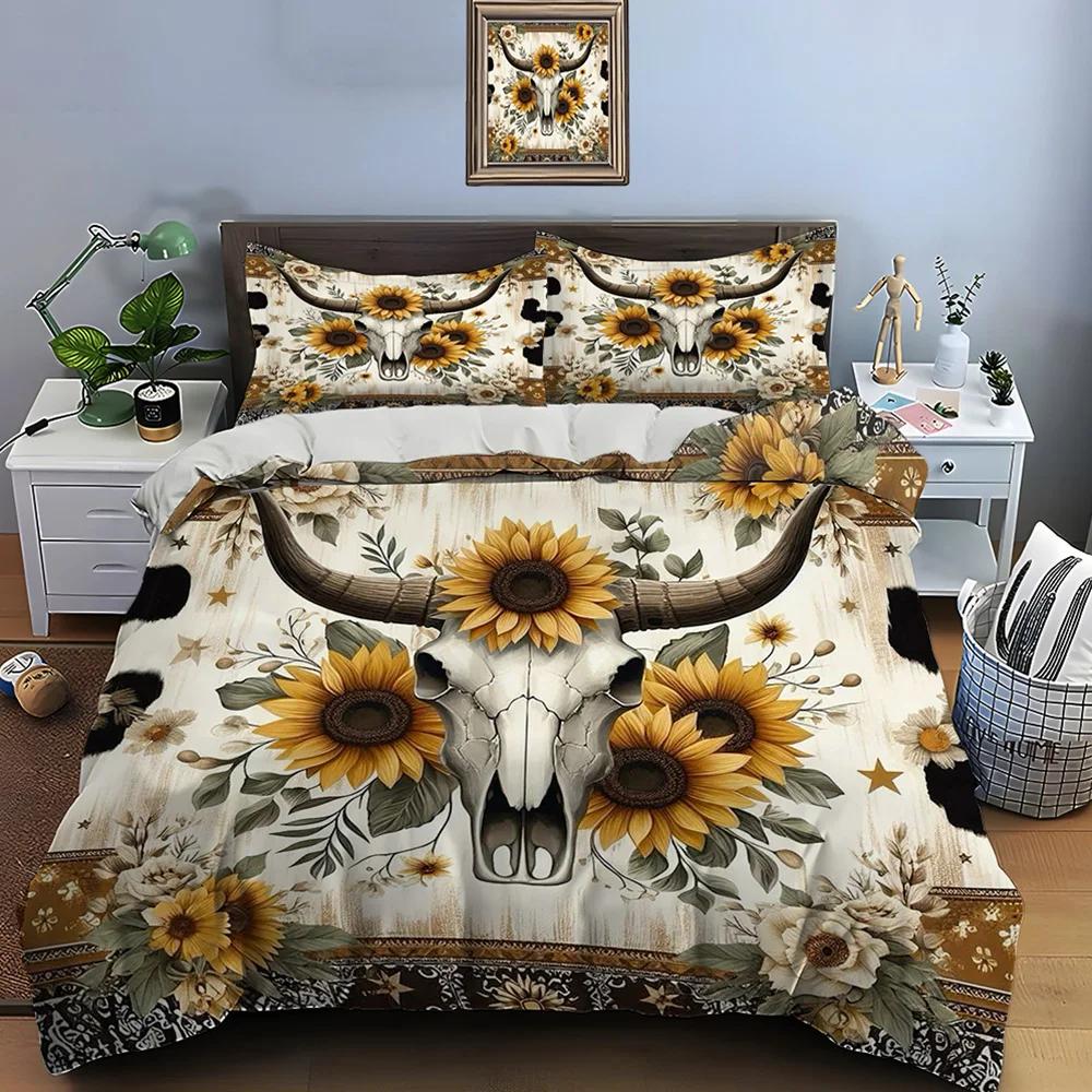 Native American Cattle Skull Art Print Bedding Set Duvet Cover 1 Duvet Cover 2 Pillowcases Adult and Kids Bedding Set Luxury