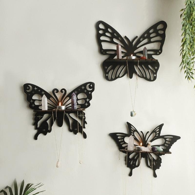 Black Hanging Shelf Crystal Holders Butterfly Shape Wood Cutout Floating Wall Shelves for Bedroom Living Room Decoration