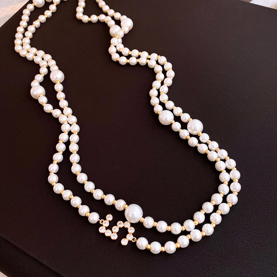 

French retro beaded zircon digital pearl necklace temperament long sweater chain necklace