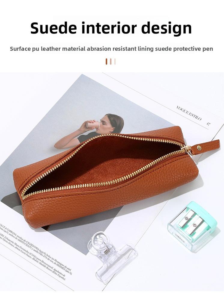 Reißverschluss-Federmäppchen aus PU-Leder mit Litschi-Korn, Multifunktionale Aufbewahrungstasche für Schreibwaren & Make-up für Jungen & Mädchen