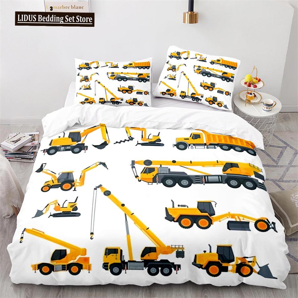 Digger Duvet Cover Set Cartoon Heavy Machinery Truck Crane Mixer Excavator Tractor Pattern For Kid Teen Polyester Bedding Set