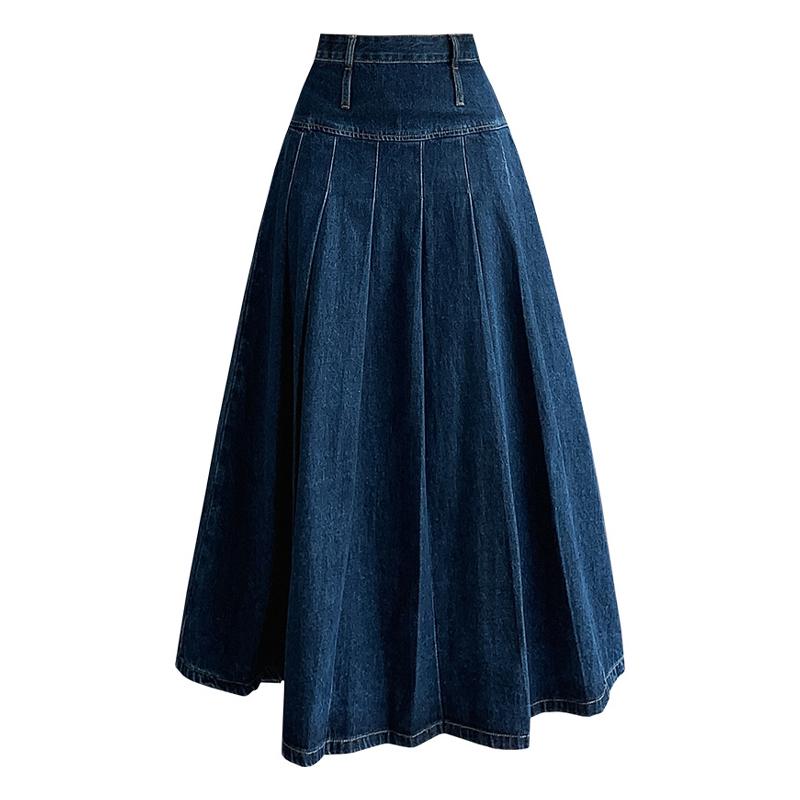 

Шикарные плиссированные джинсовые юбки весна-осень с высокой талией длинные с эффектом стирки женские прямые женские свободные джинсовые миди-юбки XL синий