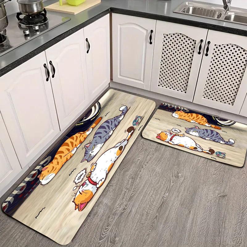 VIKAMA Cartoon Greedy Kittens Rug Non-slip Absorbent Kitchen Rug Bathroom Mat Doormat Rug For Bedroom Live Room Home Decor