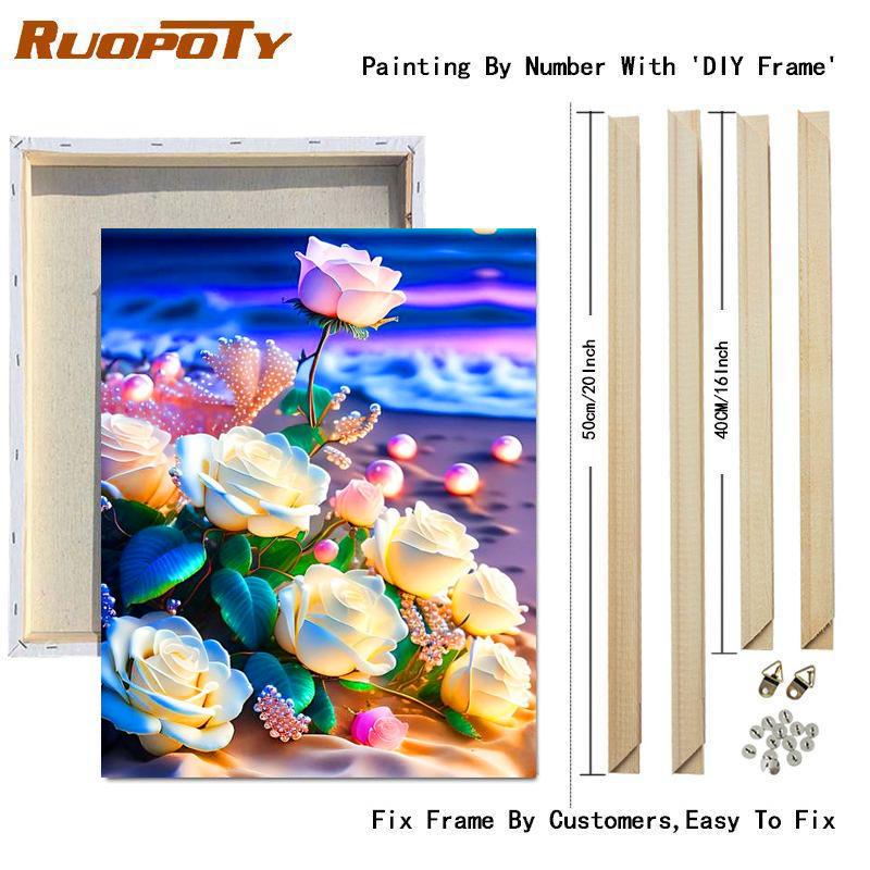 RUOPOTY Frame Paint By Number For Adults Rose Flowers Kits Acrylic Easy Painting By Numbers Beach Landscape For Wall Home Decor