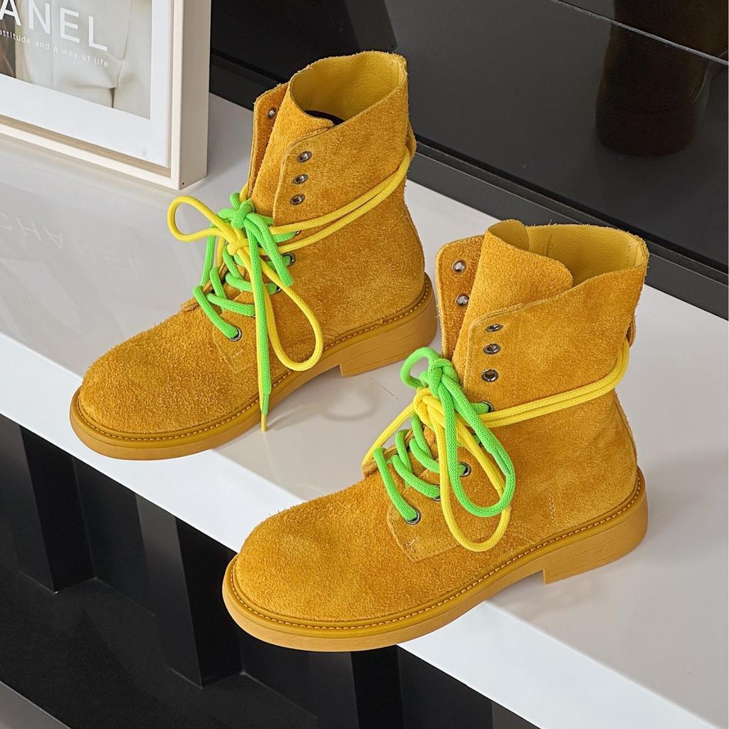 Retro matte leather thick-soled Martin boots women's 2025 spring and summer new double shoelaces versatile short locomotive boots thin boots