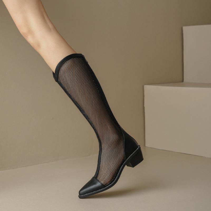 Trendy Long Boots 2024 New Summer Hollow Breathable Thin Mesh Solid Color Temperament Women's Shoes Zapatos Mujer Platform Boots