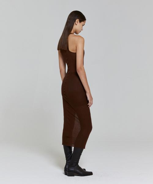 Lady Volume Cutting Halter Slim Knit Dress_Brown