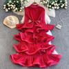 Elegant Polka Dot Ruffle Dress - Women's Spring/Summer Tie-Waist Long Sleeve Skirt