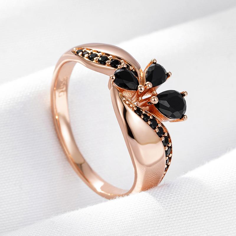Black Natural Zircon Ring For Women Fashion  Rose Gold Color Crystal Flower Bride Ring Daily Fine Vintage Jewelry