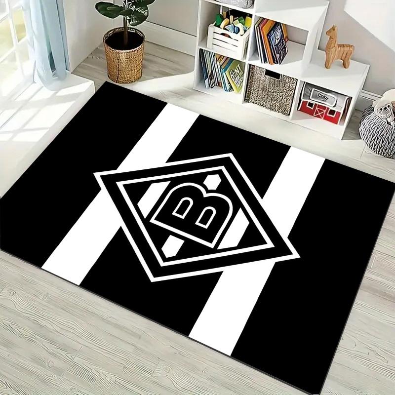 Tappeto Area Tappeto con Stampa Logo Bianco Nero Borussia Monchengladbach Tappetino Rettangolare Antiscivolo per Fan di Calcio per Stanza dei Giochi Soggiorno Camera da Letto Decorazione per la Casa