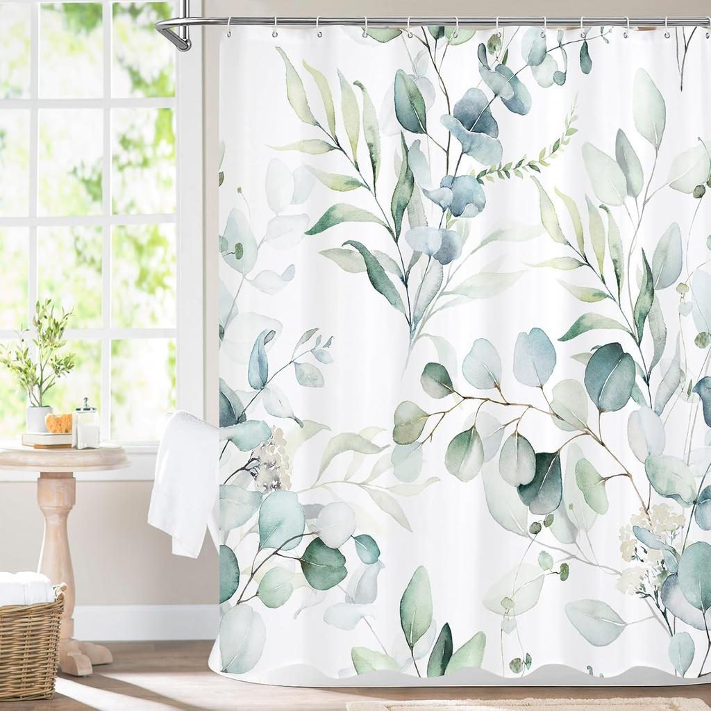 Pink Spring Floral Shower Curtain, Watercolor Eucalyptus & Botanical Plants, Modern Chic Bathroom Decor With Hooks