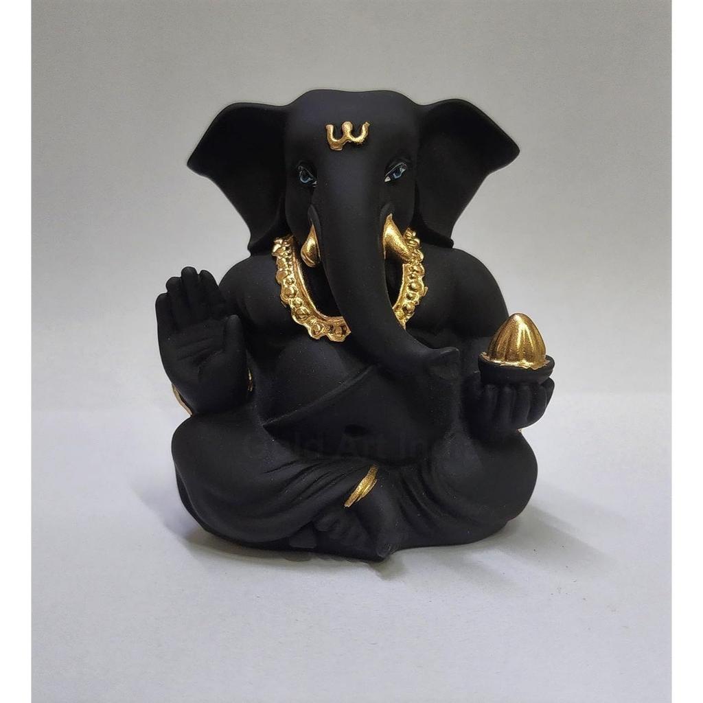Black Terracotta Appu Ganesha with Gold Color Work for Car Dashboard Home Decor Gifting Diwali Birthday Festivals 3 x 2 Inches