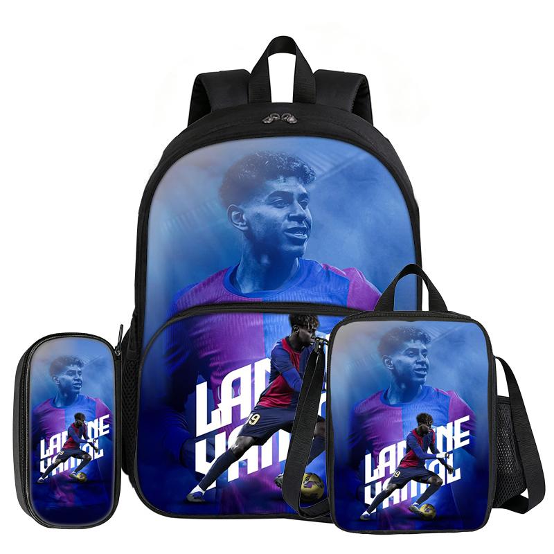 Set de 3 piezas L-Lamin Yamal con Mochila con Bolsillo Frontal Material Escolar Estrella de Fútbol Bolso Escolar, con Bolsa para el Almuerzo, Estuche, Mochila