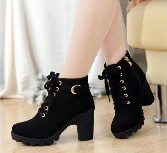 Fashion Boots Women Shoes Women Fashion High Heel Lace Up Ankle Boots Ladies Buckle Platform Artificial Leather Shoes bota feminina2025