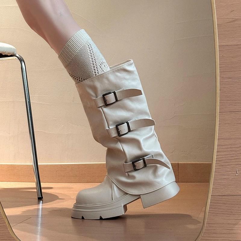 Off-white Fashion Popular Leather Boots Thin Medium and Long Boots Women's Shoes Autumn Fashion Small Thin Thick Heel Martin Boots