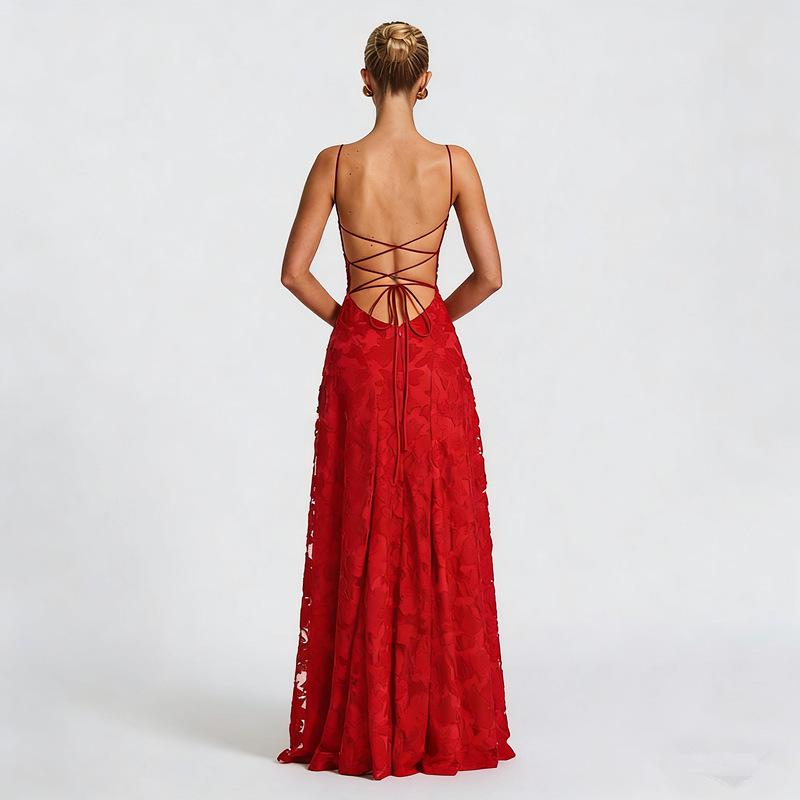 European & American Style Wine Red Spaghetti Strap Sexy Evening Gown for Women