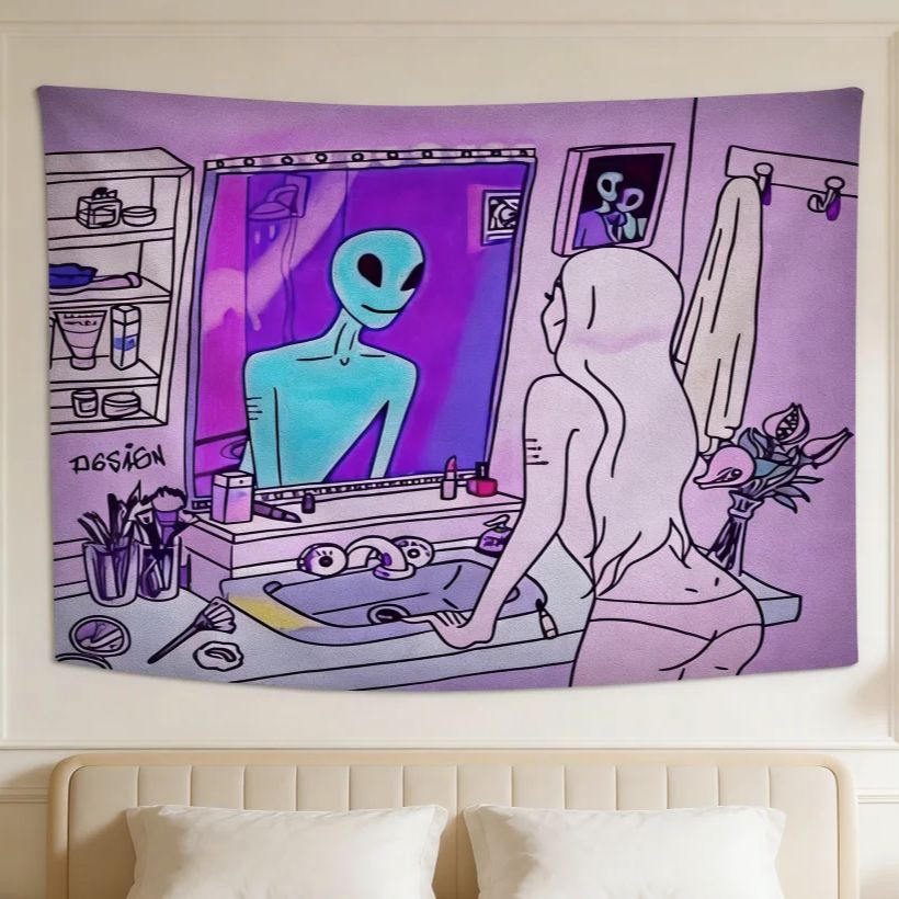 

Alien Mirror Tapestry Trippy Psychedelic Bathroom Print Wall Hanging for Living Room Bedroom Dorm Decor 74x94cm(29x37in)