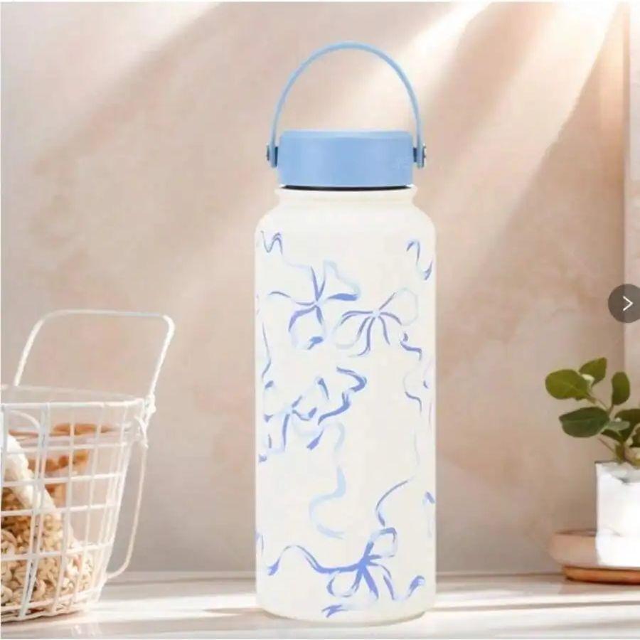 Portable Wide Mouth Kettle Thermos, Cute Bow Printed Sports Kettle, 1-Liter Large Capacity Coffee Cup, Ideal Gift Choice