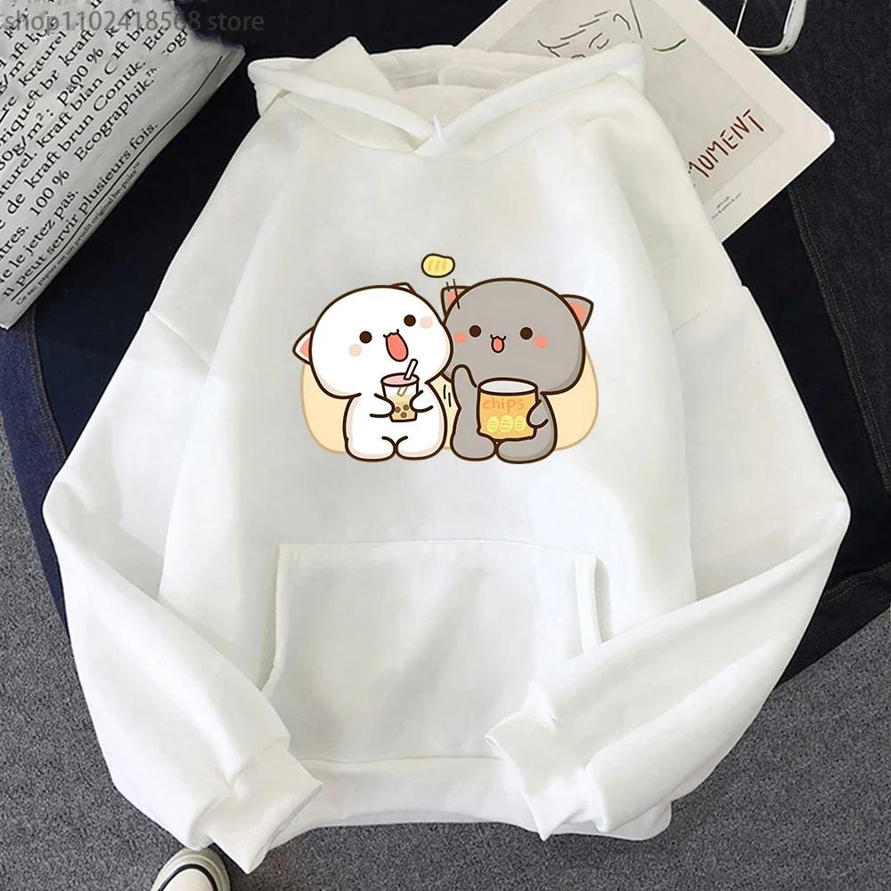 Mochi Peach Cat Hoodies Kawaii Clothing Bubble Tea Graphic Sweatshirts Harajuku Casual Camisetas De Muje Tops Women