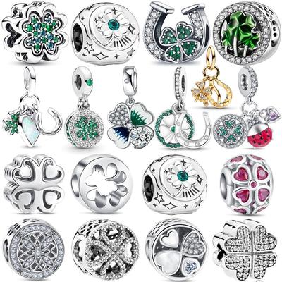 Nouveau Pendentif Trèfle à Quatre Feuilles Cœur en Cuivre Argent Sterling 925 Zircon Vert Perles Porte-Bonheur S'adapte Bracelet Charms Pantaro Original DIY Zircon