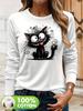 100% Baumwolle Langarm-T-Shirt mit verspieltem schwarzen Katzenmotiv Lässiges Rundhals-Oberteil für Damen für Herbst Winter