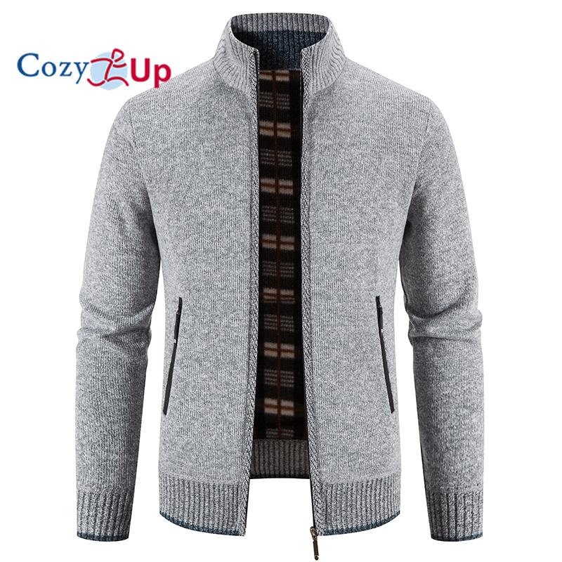 Cozy up Herren Strickjacke mit kleinem Stehkragen und dickem Samt