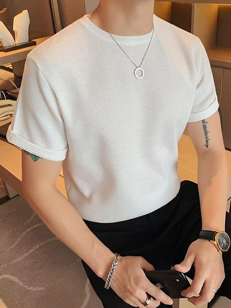 

Мужская футболка с вафельным переплетением в корейском стиле, с круглым вырезом и короткими рукавами - Свободная летняя майка M белый