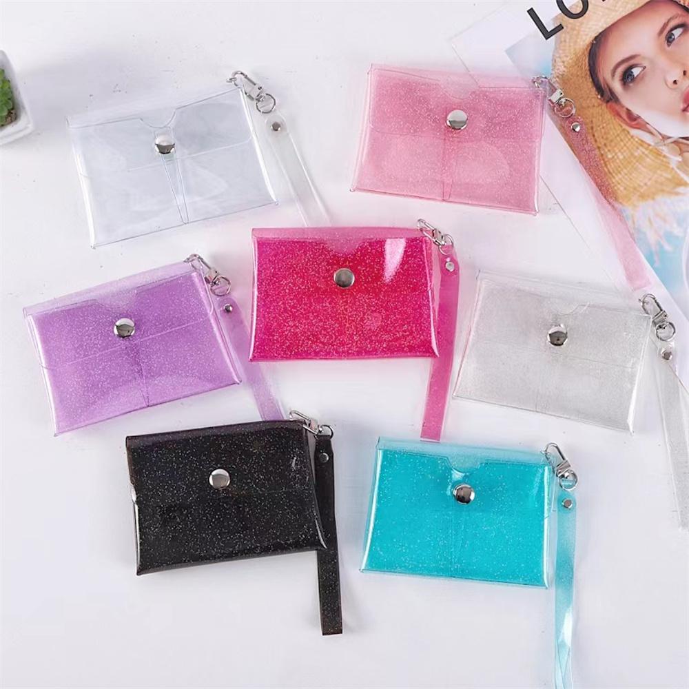 PVC Transparent Coin Purse Wallet Earphone Lipstick Storage Bag with Keychain Wrist Strap Girls Portable Key Case Card Holder