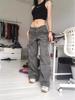 Pantalones Cargo Grises de Mujer de Cintura Alta de Pierna Ancha con Cinturón y Múltiples Bolsillos, Marcando Tendencia