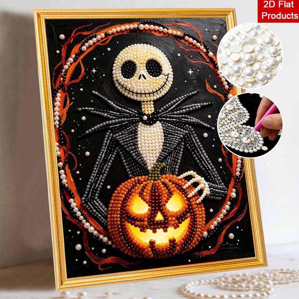 Frameless Pearl Bead Painting Kit Halloween Skeleton Pumpkin Character Design DIY Handmade Craft Canvas for Home Wall Decor Art