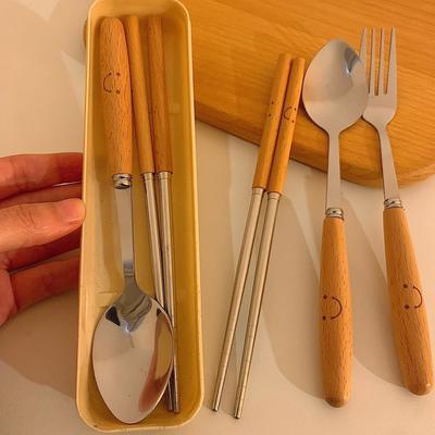410 Stainless Steel Spoon Fork Chopstick Set with Dust-proof Box Wooden Handle Tableware Set Portable Cutlery Set Student