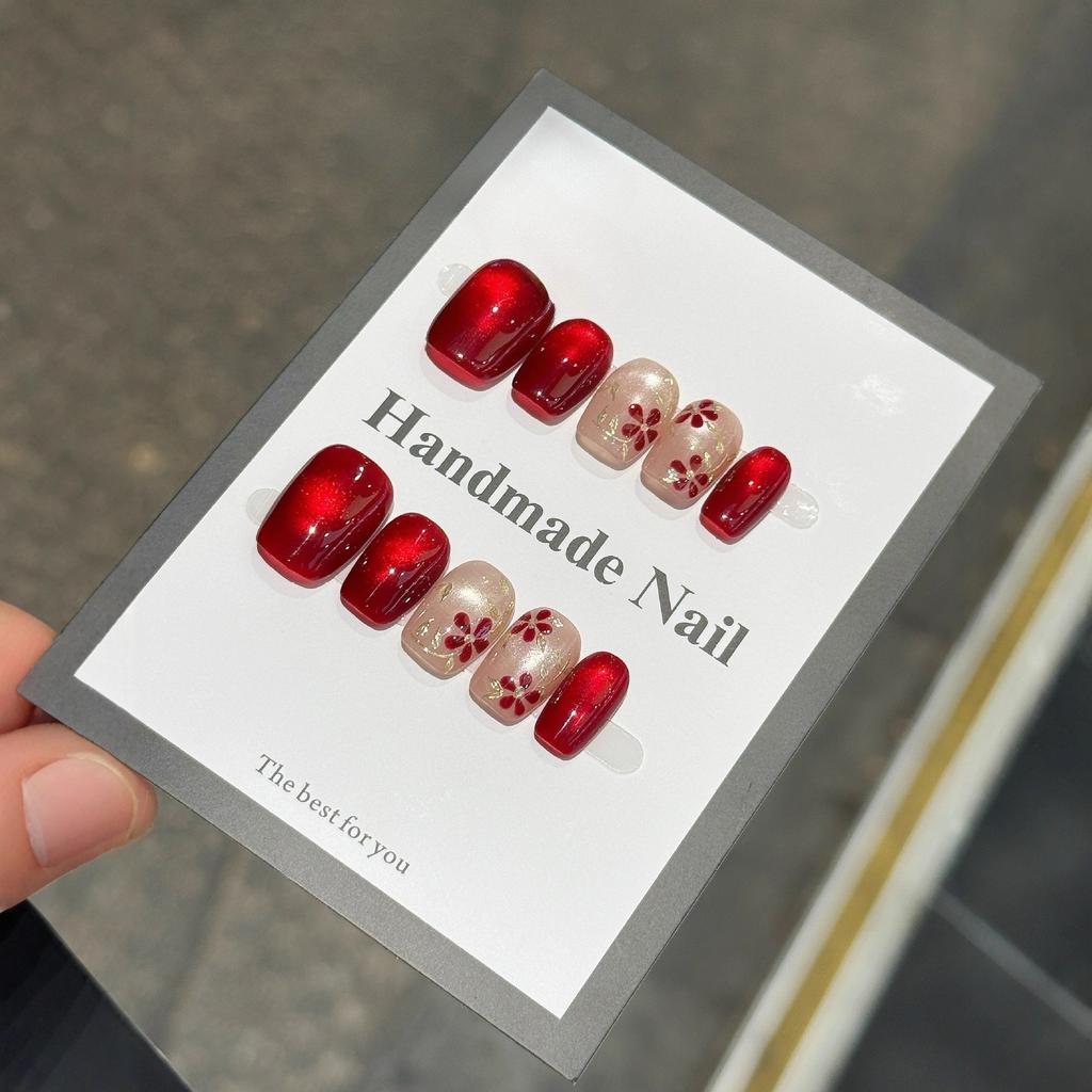 10pcs Handmade Ruby Cat Eye Press On Nails Sparkly Glitter Rose Flower False Nails Elegant Nail Art For Women