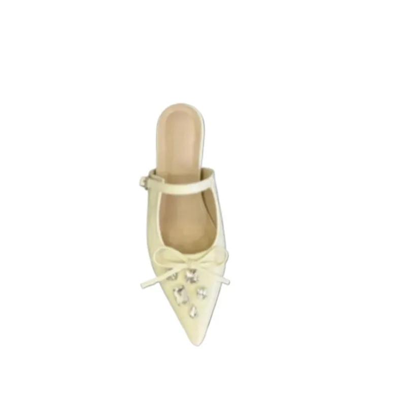 2026 Summer New Closed Toe Low Heel Women s Slipper Elegant Dress Sandals Women with Rhinestones Butterfly-knot Slippers 35 покинуть белый
