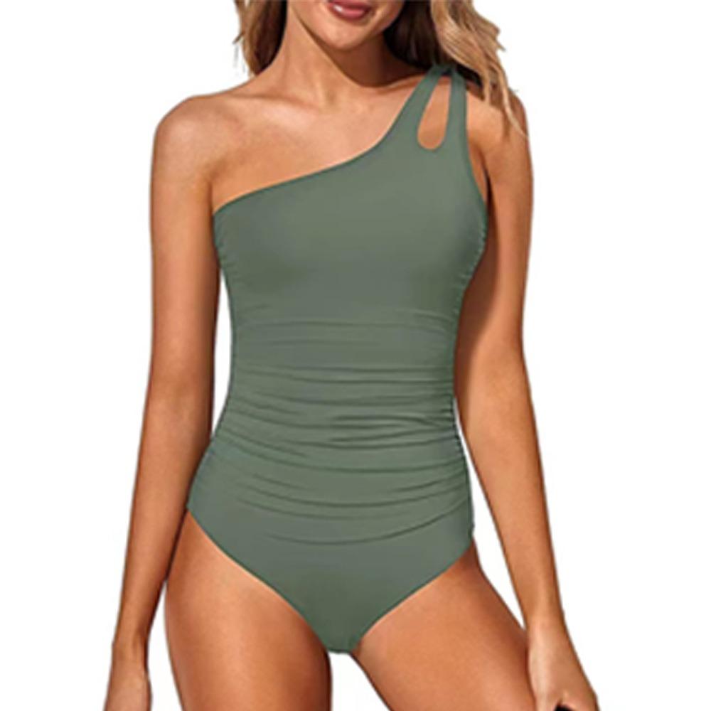 European and American New One-shoulder One-piece Tight Swimsuit for Women's Sexy Solid-color Halter Swimsuit