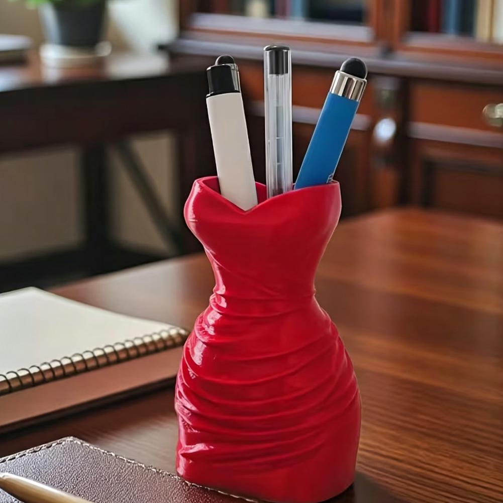 3D Printed Dress Shaped Pen Holder Stereo Textured Decorative Stationery Organizer Makeup Brush Storage Stand For Desk Decor