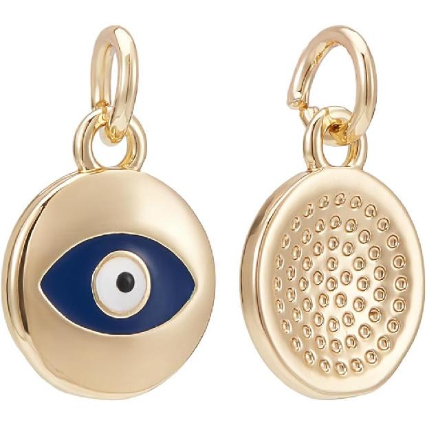 BENECREAT 10Pcs 18K Gold Plated Midnight Blue Evil Eye Enamel Charms, Flat Round Pendants with Jump Rings for DIY Necklace Bracelet Jewelry Making