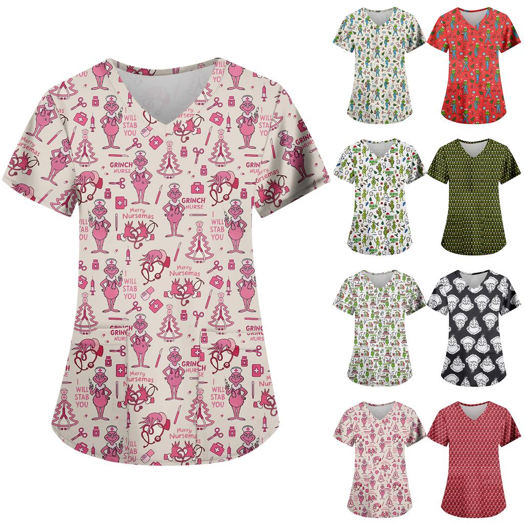 Women's Fashion Casual Christmas Print Pocket T-shirt Top