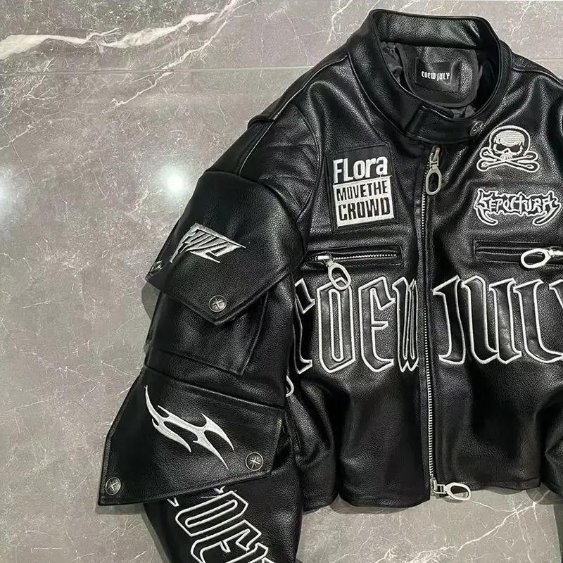 Letter Embroidered Skull Motorcycle Style PU Leather Jacket Korean Version High Street Fashion Short Jacket Women