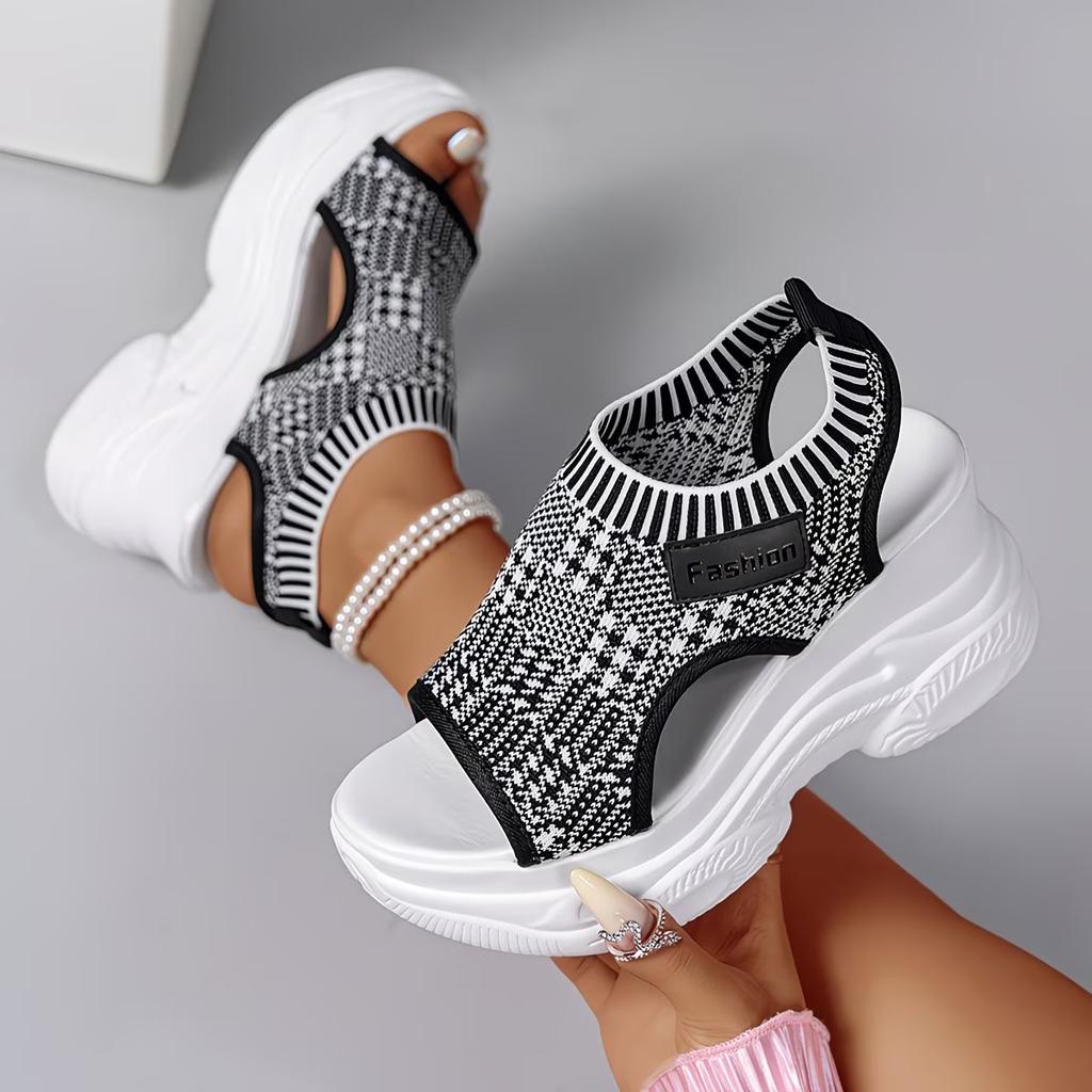 Women's Casual Solid Color Wedge Sandals - Comfortable Mesh Breathable Knitted Upper, Platform Wedge with Open-toe Design, Sport-casual Sandals