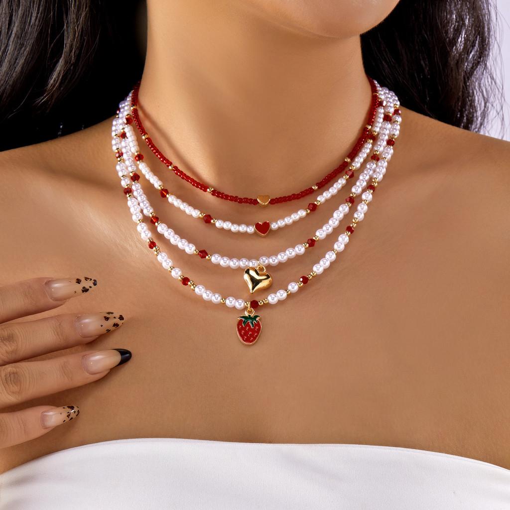 Romantic Heart Pearl Choker Necklace With Cherry And Strawberry Charms For Girls