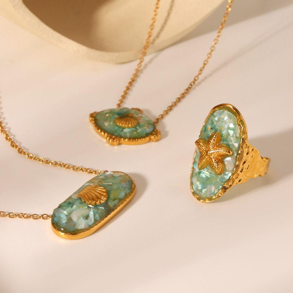 Sweet Charm Starfish Shell Pendant Open Rings O-Chain Necklace Crushed Shell Ring  Summer Beach