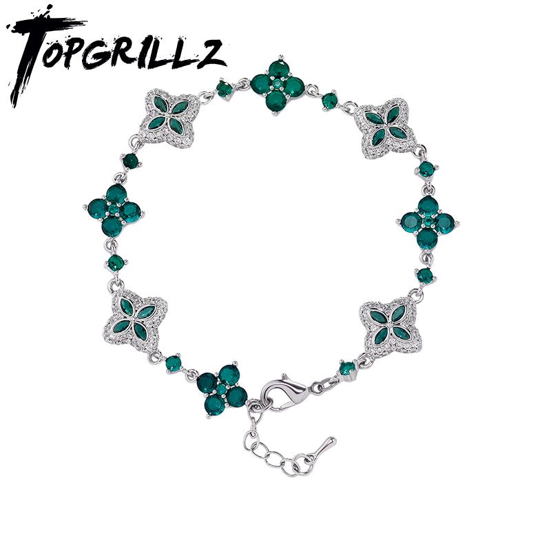 TOPGRILLZ Eiskaltes Klassisches Messing Armband Damen Verstellbar Vierblättriges Kleeblatt Kettenarmband Mit 5A+ Zirkonia Für Party
