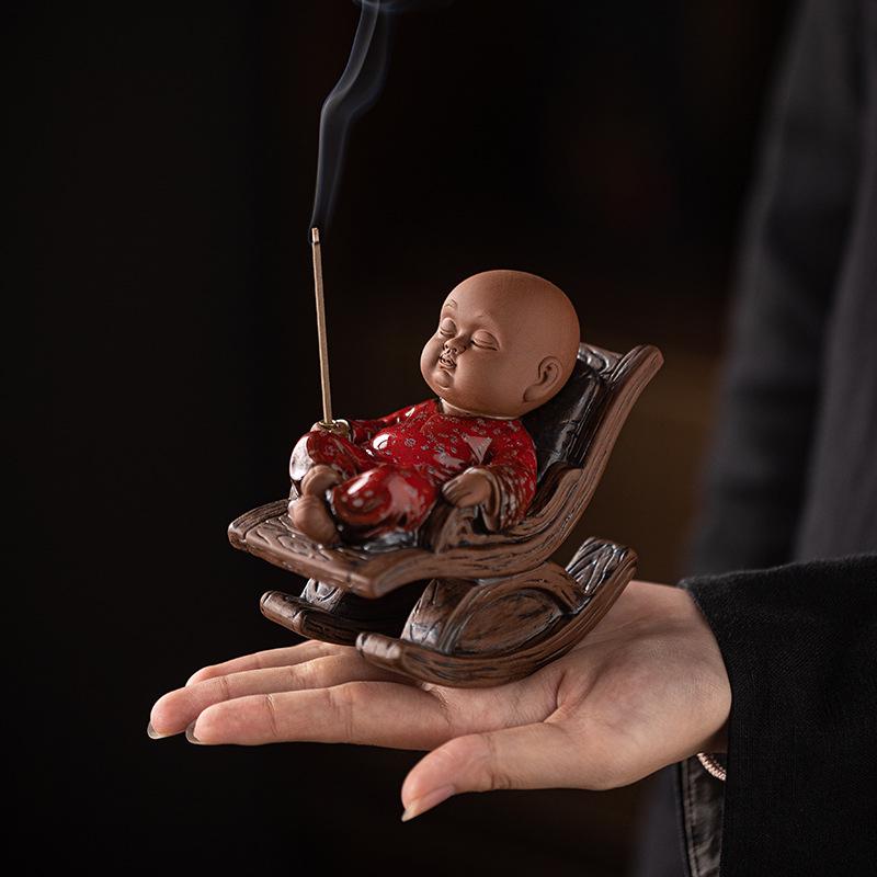 Charming Zen Buddha Tea Pet Ornament with Rocking Chair Incense Burner for Tea Table Accessories