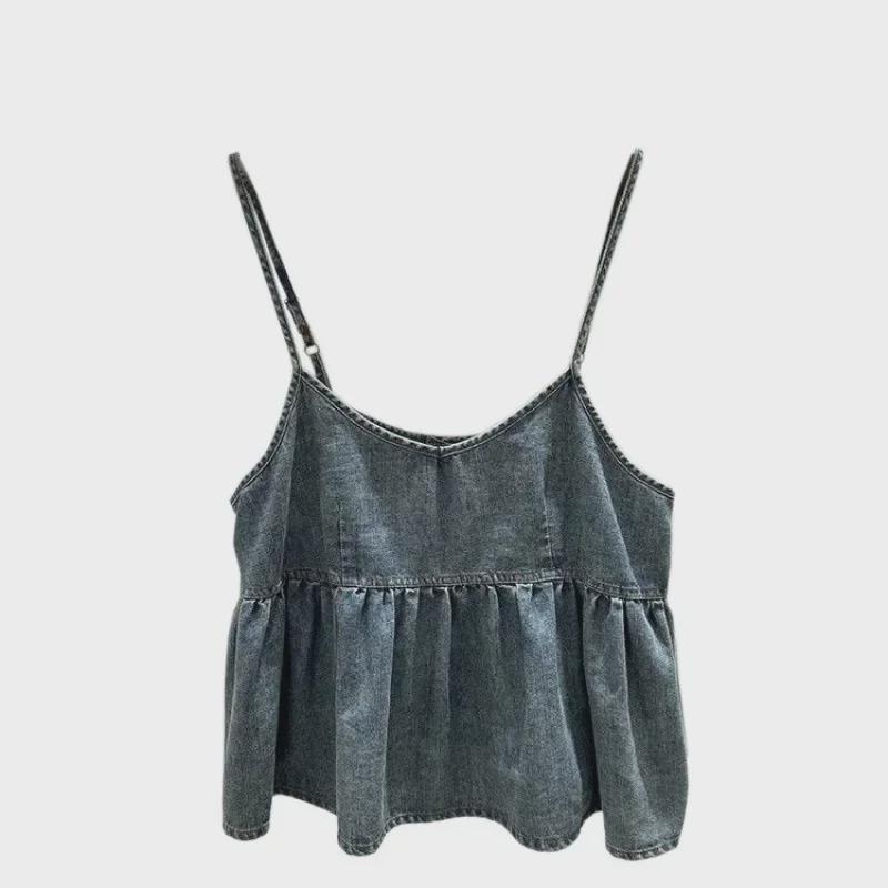 Džínová vesta s plisé v korejském stylu: Dámský top bez rukávů s volánky a vrstvením a tílko s výstřihem do V